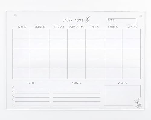 Monatsplaner Unser Monat A3 Acryl | Monatskalender | Wandplaner für den Monat abwischbar | Wandkalender undatiert | To-Do-Liste |Acrylglas (A3 mit Folienstift)