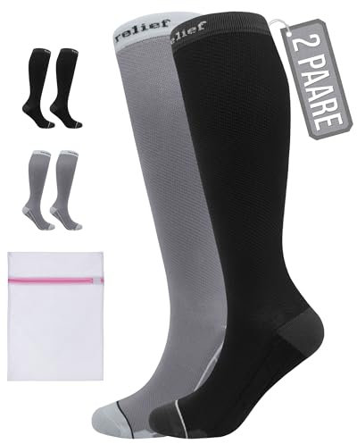360 RELIEF Chaussettes de Contention Homme et Femme - Classe 1 Chaussette de Compression pour Running, Voyage, Avion, Sports - Bas de Contention 15-20 mmHg L/XL Noir+Gris Avec sac de lavage en filet