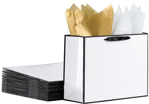 SHIPKEY 10 Stück weiße und schwarze Geschenktüten, 40x15x30cm Party Gunst Taschen mit Seidenpapier, extra große Papiertüte | Einkaufstasche für Geburtstag (16x6x12 Zoll)