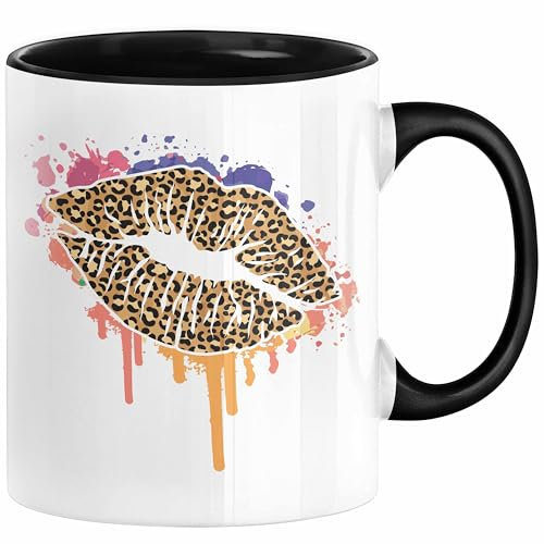 Leoparden Lippen Tasse Geschenk Cool Lips Kiss Leopardenmuster Kaffee-Tasse Geschenkidee (Schwarz)