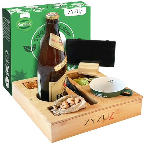 ZYZUZ® Couchbar Snackbox Sofatablett inkl. Geschenkbox – Kompaktes Couch Bar Tablett aus hochwertigem Bambus-Holz – 360° Handyhalter Snackbar Sofa Butler Bier Geschenke für Männer Einweihungsgeschenk