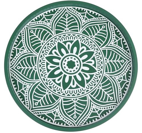Round Serving Tray 12 - Rustic Wooden Decorative Tray for Farmhouse Coffee Breakfast Kitchen Table Centerpieces Living Room Boho Decor Countertop Modern Home Decorations Ottoman Tray Green