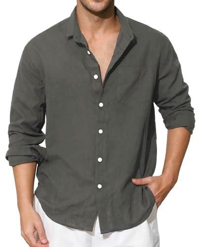 Enlision Dark Grey Linen Shirts Men Long Sleeve Shirt Button-Down Henley Shirts Cotton Casual Beach Summer Shirt Holiday Party with Pocket XL