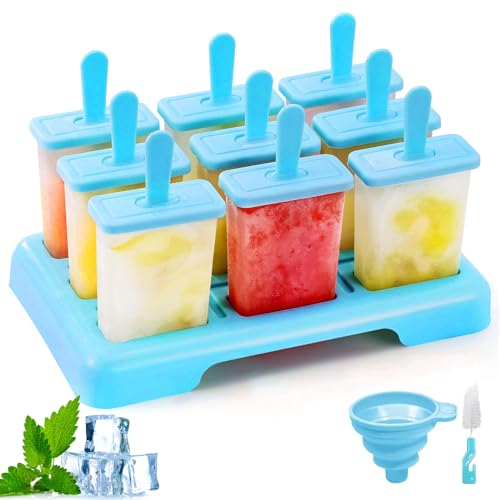 Moule à Glace en Silicone 9 Pièces, Réutilisable, avec Brosse de Nettoyage et Entonnoir Pliable en Silicone pour Préparer de Délicieuses Crèmes Glacées (Bleu)