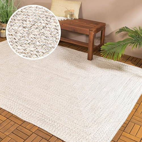 FRAAI | Home & Living In- & Outdoor Jute Teppich - Bali Weiß - Wetterfest - Polyester - Flachgewebe - Wohnzimmer, Esszimmer, Balkon, Garten/Terrasse - Terrasse - Rug