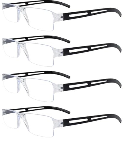 Disnace 4er-Pack Computer Lesebrille mit Blaulichtfilter, Rahmenlose Lesebrille, Anti Blaulicht Brille mit Brillenholster (Schwarz, 2, x)
