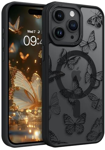 DUEDUE Matte Hülle für iPhone 15 Pro für MagSafe, Ästhetisch Schmetterling Sommer Muster Design Mädchen Frauen Geschenk Schutzhülle, Magnetische Handyhülle für iPhone 15 Pro 6,1 Zoll, Schwarz