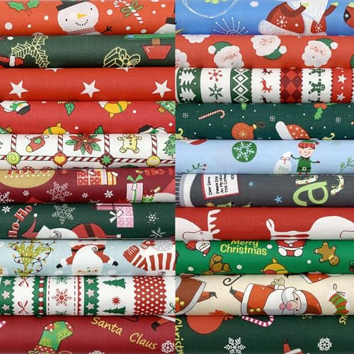 EDGEAM 20 Pezzi Tessuto Cotone 25x25cm Stoffa Patchwork Multicolore Tessuti per Cucito Tessuto Fai da te (Natalizi Rosso Verde)