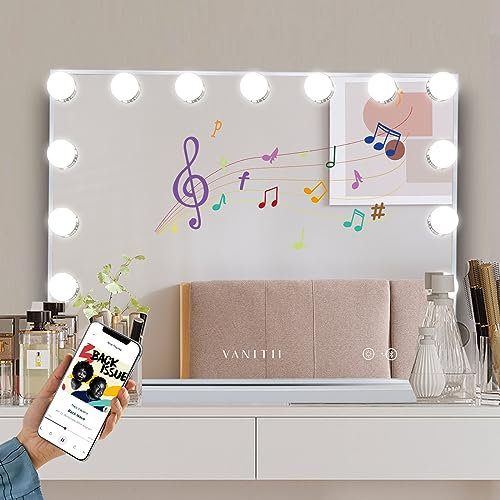 VANITII Hollywood Vanity Mirror with Lights and Bluetooth Speaker USB Charging Light up Mirror with 10X Magnification and 3 Lighting Modes and Desktop Makeup Mirror for Bedroom Dressing Room