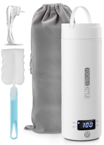 Focenat Reise Wasserkocher Klein 316 Edelstahl, 500ML Elektrische Wassertasse, 220V 300W Kleiner Tragbarer Wasserkocher mit Temperatureinstellung, Automatische Abschaltung, für Kaffee Teezubereitung