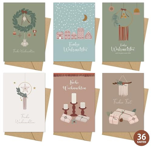 Weihnachtskarten mit Umschlag set (36er Set)- Weihnachtsgrußkarte für Familie Freunde Geschäftlich Kunden, Merry Christmas xmas Postkarten, A6 Klappkarten Set Frohe Weihnachten Karten (6 * 6)