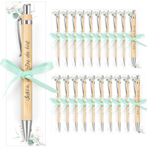 Tenare 20 Set Gastgeschenk Hochzeit Holz Kugelschreiber, Klassiker | Druckkugelschreiber, Mit Spruch Karte und Grasgrünes Band, Taufe und Geburtstag, Schön Das Du Da Bist, Dankeschön