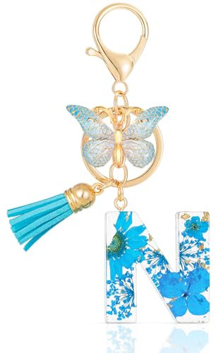 MWOOT Letter Keychains Initiale Lettre Porte Clef Lettre N,Alphabet Initial Keyring avec Papillon Pendentif,Bleu Pétales Feuille D'or Key Ring pour Femmes Filles Portefeuilles Sac à Main Charme (N)