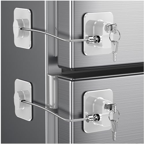 2 Pack Refrigerator Locks with Keys for Kids, Toddlers and Adults, Self Adhesive Child & Baby Proofing Fridge Latch for Fridge, Cabinets and Drawers, Oven, Windows (Patent) (2 Pcs White)