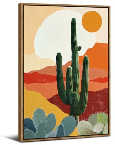 Boho Wall Art Framed Canvas Picture for Bathroom Living Room Bohemian Art Prints for Walls, Modern Abstract Painting Wall Decor Sunset Cactus Desert Landscape Poster Bedroom Artwork Decoration 30x40CM
