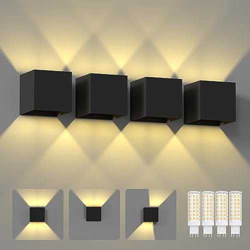 ChangM Wandleuchte Innen Aussen 7W LED Wandlampe mit Einstellung des Blattwinkels, IP65 Wandleuchte Schwarz Schale mit Ersetzbaren G9 LED Birne, Warmweiß 3000K, 4 Stücke