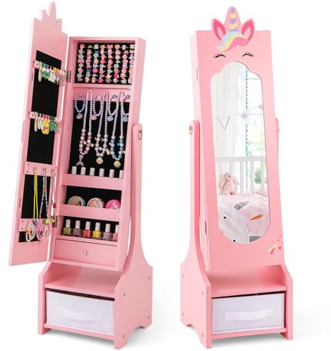 FANTASK Kinder Schmuckschrank, 2 in 1 Spiegelschrank neigbar mit Ganzkörperspiegel, Schublade & Aufbewahrunskorb, Schmuckständer Schminkspiegel Einhorn, 31,5 x 30 x 115 cm (Rosa)