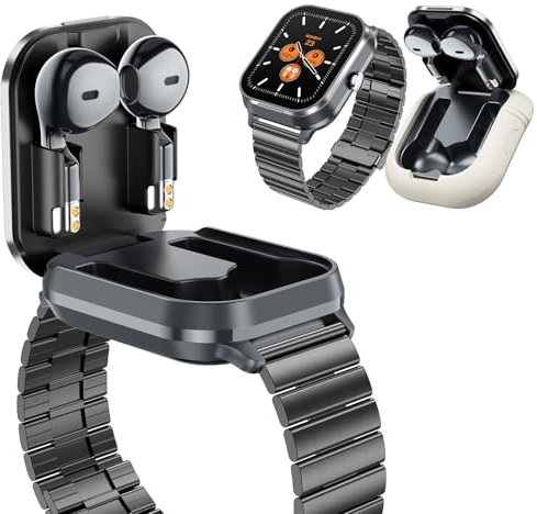 Montre Connectée Homme Bracelet Acier Inoxydable avec Ecouteurs avec Étui de chargeur TWS intégré Bluetooth sans Fil Casque Intégré Montre Sport Homme Appel IP67 Etanche Waterproof Rectangulaire