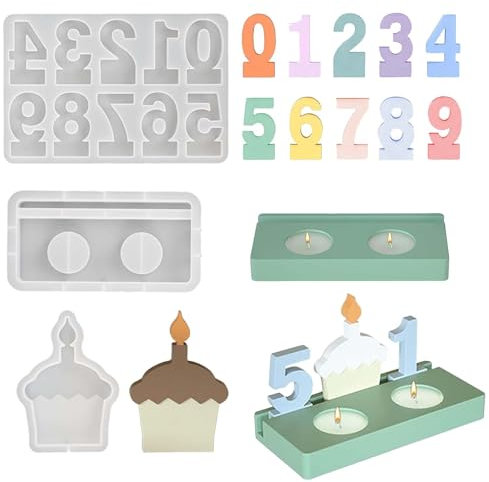 3 Stück Silikonformen Gießformen Geburtstag Set WISIRENT, Silikonform Zahlen Kerzenhalter 0-9 Silikonform Kerzenhalter mit Sockel, Silikonform Kuchen Kerzenhalter Gießform Geburtstag für Diy Kerzen