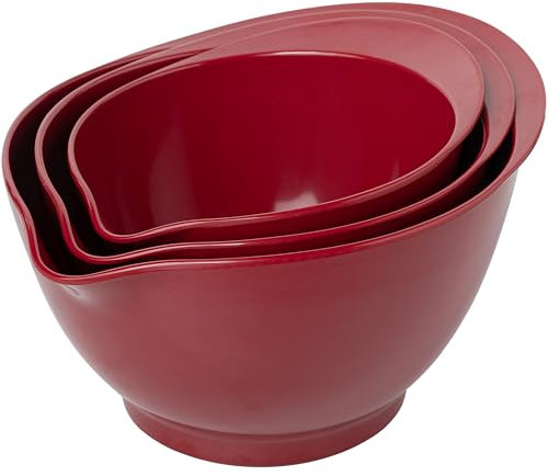 LEHAHA Set of 3 Melamine Mixing Bowls with Pour Spout, Non-Slip, BPA Free, Nesting large Serving Bowl with big handle for Prepping, Baking, Cooking, Kitchen Cooking and Baking Supplies, Burgundy Red
