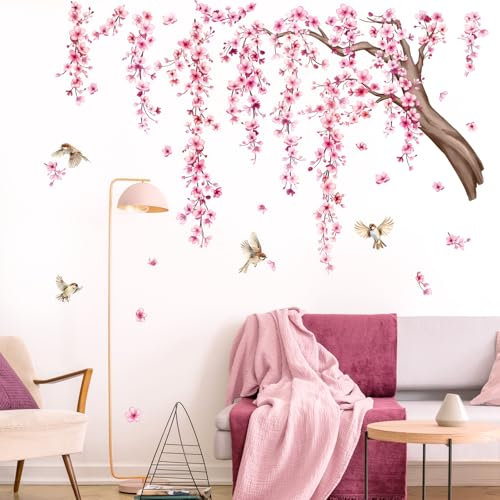 Tanlaby Stickers Muraux Fleurs de Cerisier Rose Grand Branche Arbre Autocollants Mural Oiseaux Décor D'art pour Décalques Chambre Salon Canapé Fond TV