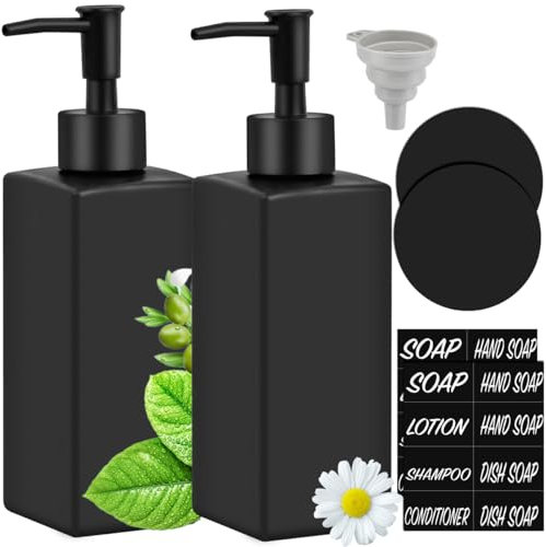 USENG 2pcs Dispensador Negro de Jabón, 350ml Recipiente Vidrio Oscuro para Baño, Cocina, Lavamanos, Detergente y Lavandería