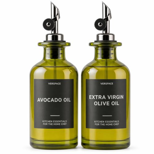 Verspace Green Glass Olive Oil Dispenser Bottles For Kitchen - 2 Pack - 12oz Includes 42 Kitchen Essential Labels, Avocado Oil Dispenser Set, Modern Decor for Home, Airbnb, Cafe