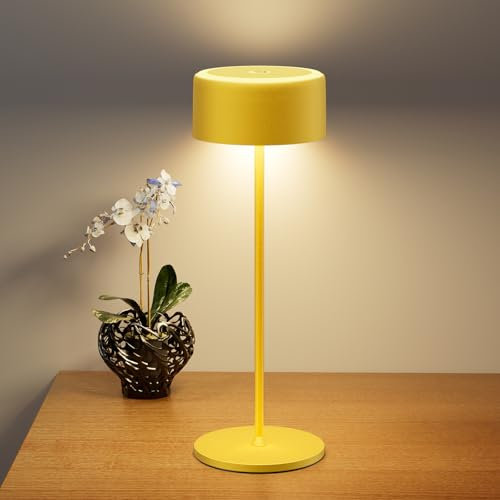 TYEE Tischlampe Kabellose LED Dimmbare Akku Tischleuchte, Wiederaufladbar Warme Lichtfarbe 2200-3000K Tischleuchte Für Innen und Aussen mit USB-C, Aluminium Tischlampe IP54 Wasserdichte, Gelb
