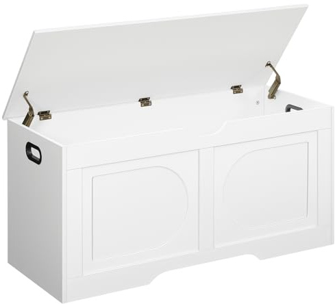 MAHANCRIS Truhe, Sitzbank mit Stauraum, große Spielzeugkiste, Schuhbank, Spanplattentruhe, 100 x 40 x 48 cm, für Eingangsbereich, Schlafzimmer, Wohnzimmer, Weiß ASCWT2001