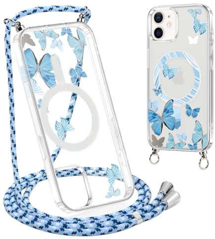 Xylota Magnetica Cover con Cordino per iPhone 11 6,1 Compatibile con MagSafe, Aesthetic Motivo Disegni Trasparente Custodia, Antiurto Protettiva Case con Laccio Tracolla per iPhone 11, butterfly 01