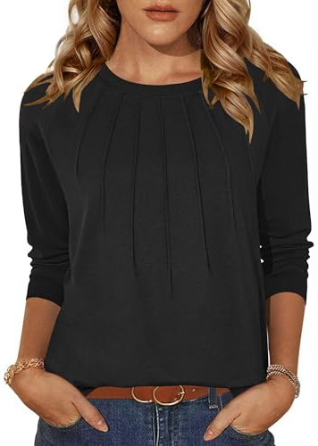 Zeagoo Womens Tops Long Sleeve T Shirts Casual Crew Neck Pleated Tunic Tops | Solid Color Shirts | Fall Lightweight Tshirts | Basic Tunic Tops | Elegant Loose T Shirt | Winter Fashion | S-XXL