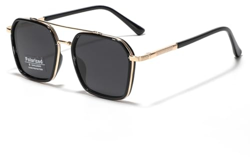 LIGOES Polarisierte Sonnenbrille Männer Frauen Quadrat Big Frame Sonnenbrille Doppelbrücke TR90 Metall Brille (black gold frame)