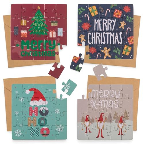 MIJOMA Puzzle-Grußkarten Weihnachten – 4er Set mit Umschlägen | 20-teilige Puzzle-Karten 12,5x12,5 cm | Weihnachtskarten mit Motiv – Ideal als Geldgeschenk