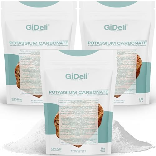 GiDeli Kaliumcarbonat 15 kg - Pottasche K2CO3 100% Rein und Ohne Zusatzstoffe - E 501 Perfekt Löslich in Wasser - Teiglockerungsmittel von Außergewöhnlicher Vielseitigkeit