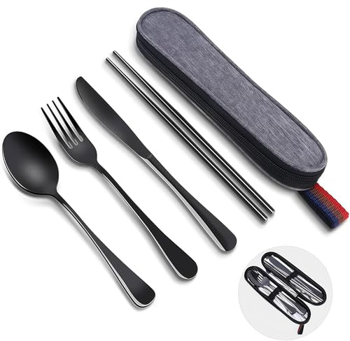 AstraGlam Vaisselle de Camping réutilisable avec étui, Ensemble de Couverts en Acier Inoxydable, Couverts Portables pour déjeuner Pique-Nique Camping Voyage, Couverts à emporter lavables au
