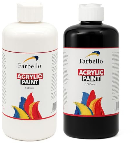 Farbello Acrylfarbe, 2x1000ml, Hochpigmentiert, Wasserfest, für Leinwand, Holz, Stein, Papier und Metall, Matt (Weiß+Schwarz: DUO)