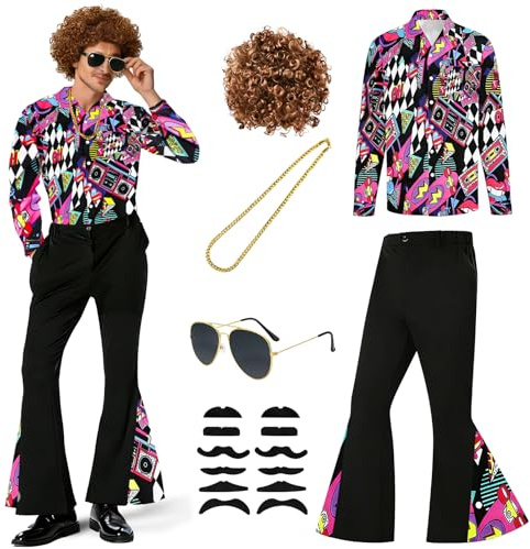 PATEMZON 70er Jahre Disco Kostüm, Hippie Outfit Herren mit Schlaghose Hemd, Hippie Kostüm Herren mit Perücke Sonnenbrille Schnurrbart Halskette Perückenhaar Netz, 80er Fasching Karneval (C, XXL)