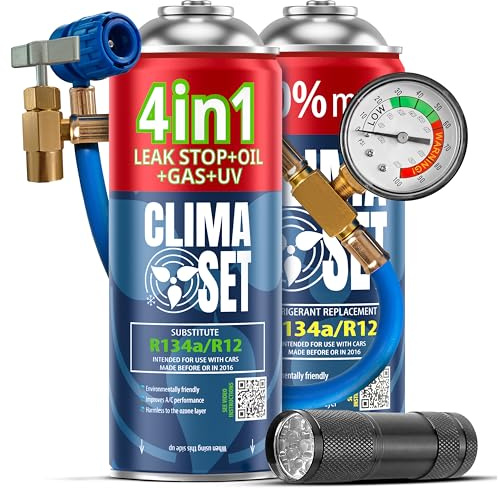 CLIMASET - 4in1 R134a Kältemittel, Öl, Dichtmittel, UV Farbstoff & R134a Gas & Schlauch & UV Taschenlampe - Auto Klima Selbst Befüllen Set & Leckortung, Nachfüllset, Autoklima Nachfüllen