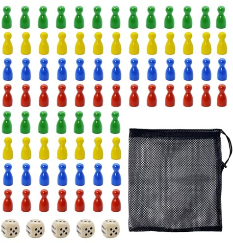 WQNNQW Spielfiguren Für Brettspiele,Spielfiguren,SpielfigurenSet,80 Bunte Halmakegel SpielfigurenHolz 25 X12mm Und 6 Würfel Aus Holz Mit Säckchen Zur Aufbewahrung,Rot, Gelb, Blau, Grün
