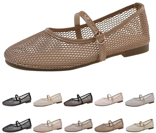 Mesh Ballet Flats for Women, Fashion Comfortable Round Toe Fishnet Buckle Mary Jane Ballerina Flats, Ladies Wide Width Casual Office Daily Dress Mary Jane Flats Ballet Pumps Women Summer Sandals