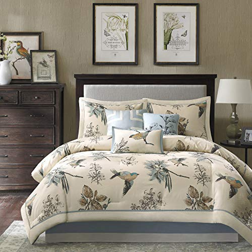 Madison Park Quincy Cozy Comforter Nature Scenery Design - All Season Bedding, Matching Bed Skirt, Decorative Pillows, Quincy, Leaf & Bird Khaki Queen(90x90) 7 Piece