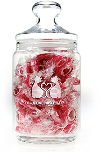 Casa Vivente – Bonboniere mit Gravur – Naschkatze – Bonbonglas mit luftdichtem Deckel – Vorratsglas für Süßigkeiten oder Kaffee – Geschenkidee für Frauen zum Valentinstag