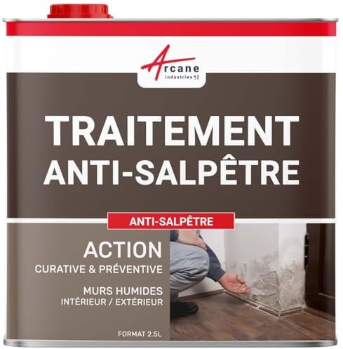 Traitement du salpêtre, antisalpêtre pour murs humides, hydrofuge, anti moisissure : Antisapêtre - 2.5 L (jusqu'à 10 m²) - ARCANE INDUSTRIES