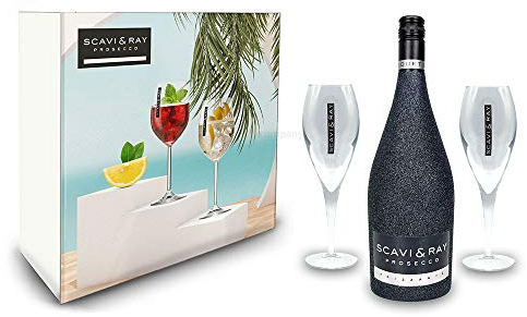 Scavi & Ray Bling Bling Schwarz Glitzer Giftbox Geschenkset - Scavi & Ray Prosecco Frizzante 0,75l (10% Vol) + 2x Prosecco Gläser -[Enthält Sulfite]