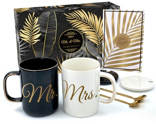 Triple Gifffted Mr und Mrs Tassen Geschenkset Ideen Mit Deckel/teelöffel für Hochzeitstag, Ehepaare, Männer Frauen Braut Bräutigam, Hochzeitsgeschenke für Brautpaar, Weihnachten, Keramik, 380ML