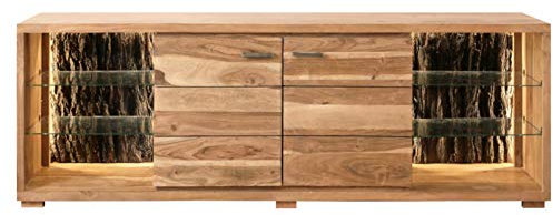 SAM Lowboard Kati, Akazienholz massiv & stonefarben, TV-Board mit 2 Türen & 2 offenen Fächern mit Licht, Glasböden und echter Baumrinde, 200 x 63 x 40 cm