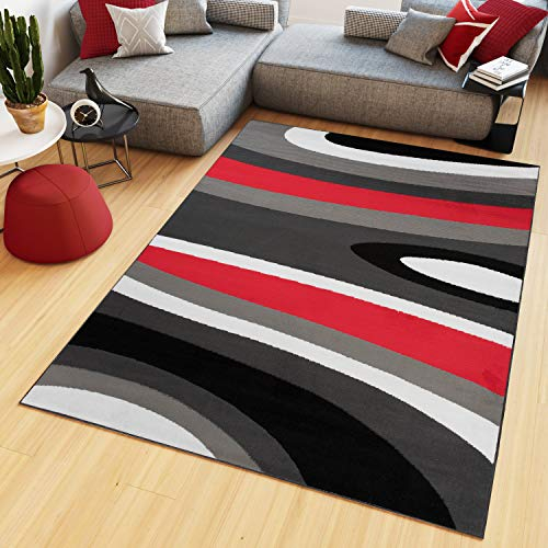TAPISO Maya Teppich Kurzflor Modern Streifen Gestreift Design Grau Schwarz Weiß Rot Wohnzimmer Schlafzimmer Büro ÖKOTEX 140 x 200 cm