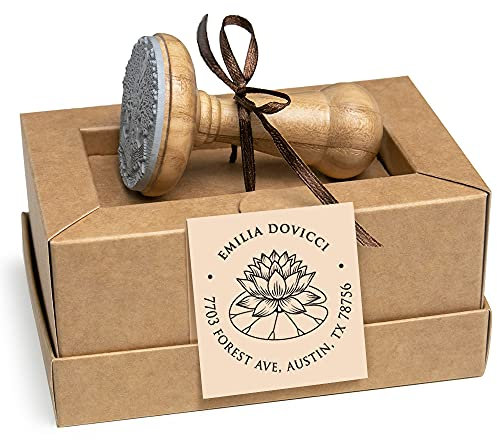 Adressstempel Lotusblüte Wasser Lilie Schwimmende Pflanzen Personalisiert, Holz Rund 40mm, Spezielle Geschenkbox