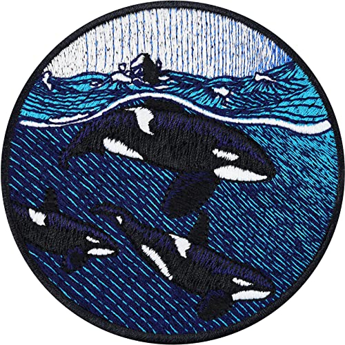 ORCA FAMILIE Aufnäher Killer whale Sticker Schwertwal Familie Aufbügelflicken bestickt | SAVE THE OCEAN | Umweltschutz Patch zum annähen/aufbügeln | Klimaschutz Applikation | 80x80mm