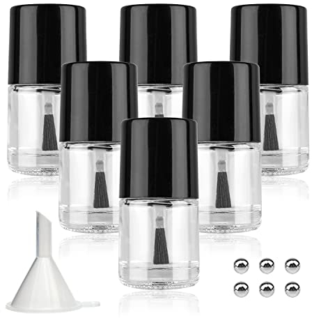 Agidea Leere Nagellack-Flaschen mit Pinsel, leer, nachfüllbar, zum Selbermachen, Glas, mit Trichter und Mischkugeln (10 ml, schwarz), 6 Stück